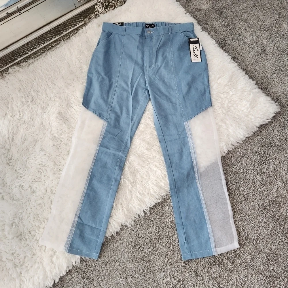 Thrill Jeans Plus Size Organza Detail Straight Leg Jeans. Light Wash. Si…